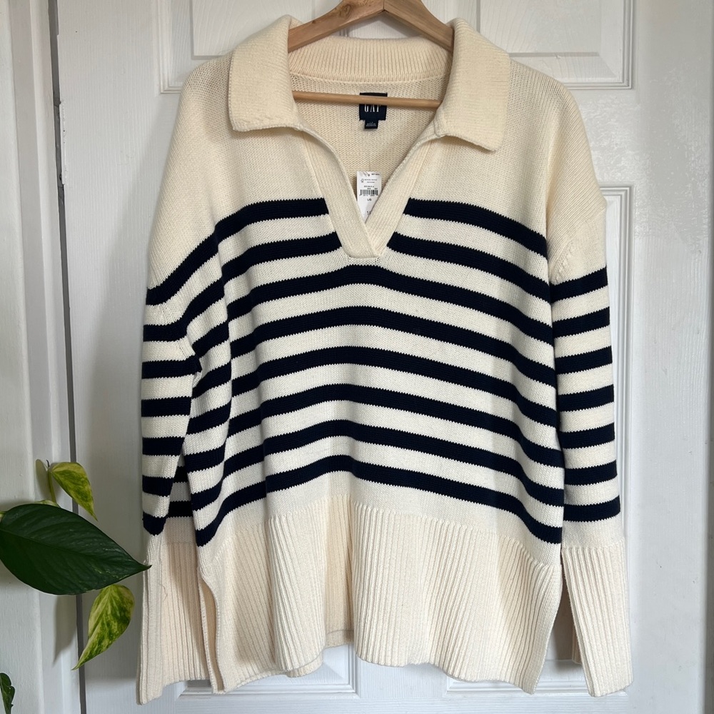 GAP Cream and Navy Striped Collared Sweater
